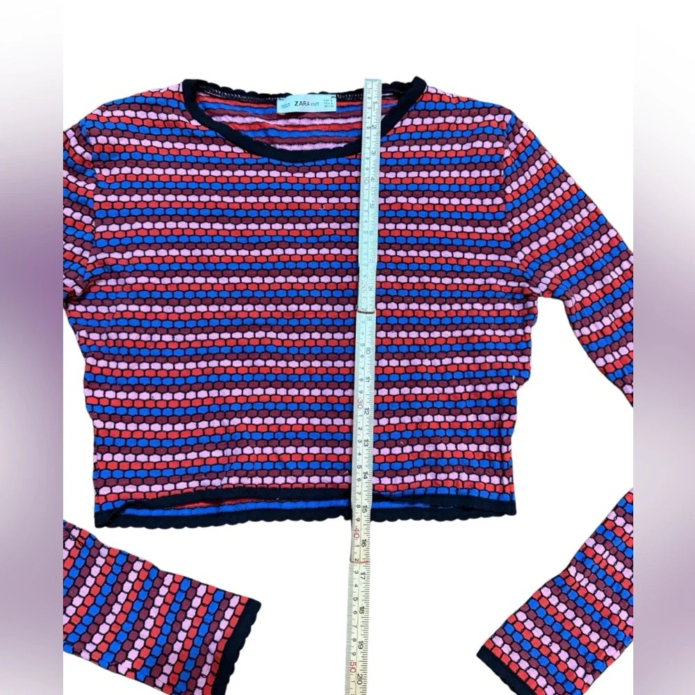 Zara Knit Striped Multicolor Textured Crop Long Sleeve Top Sz M Retro‎ 70s